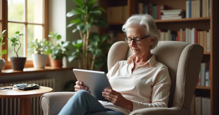 Idosa sentada em poltrona confortável usando tablet em sala iluminada