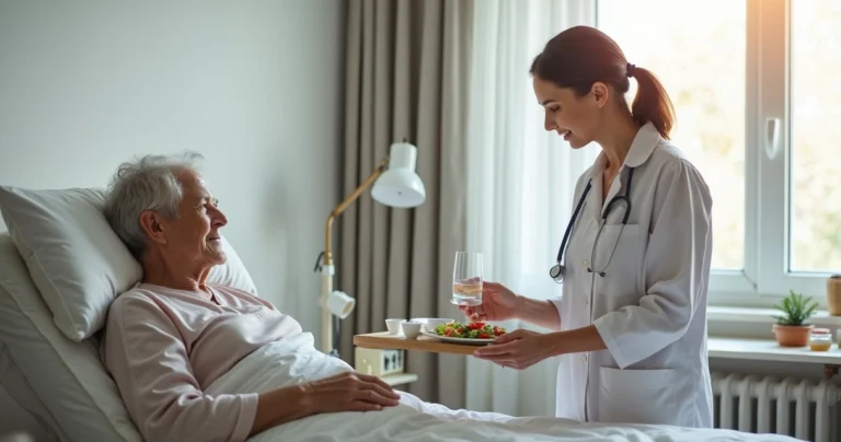 Cuidador ajudando idoso sentado na cama com cabeceira elevada em ambiente domiciliar