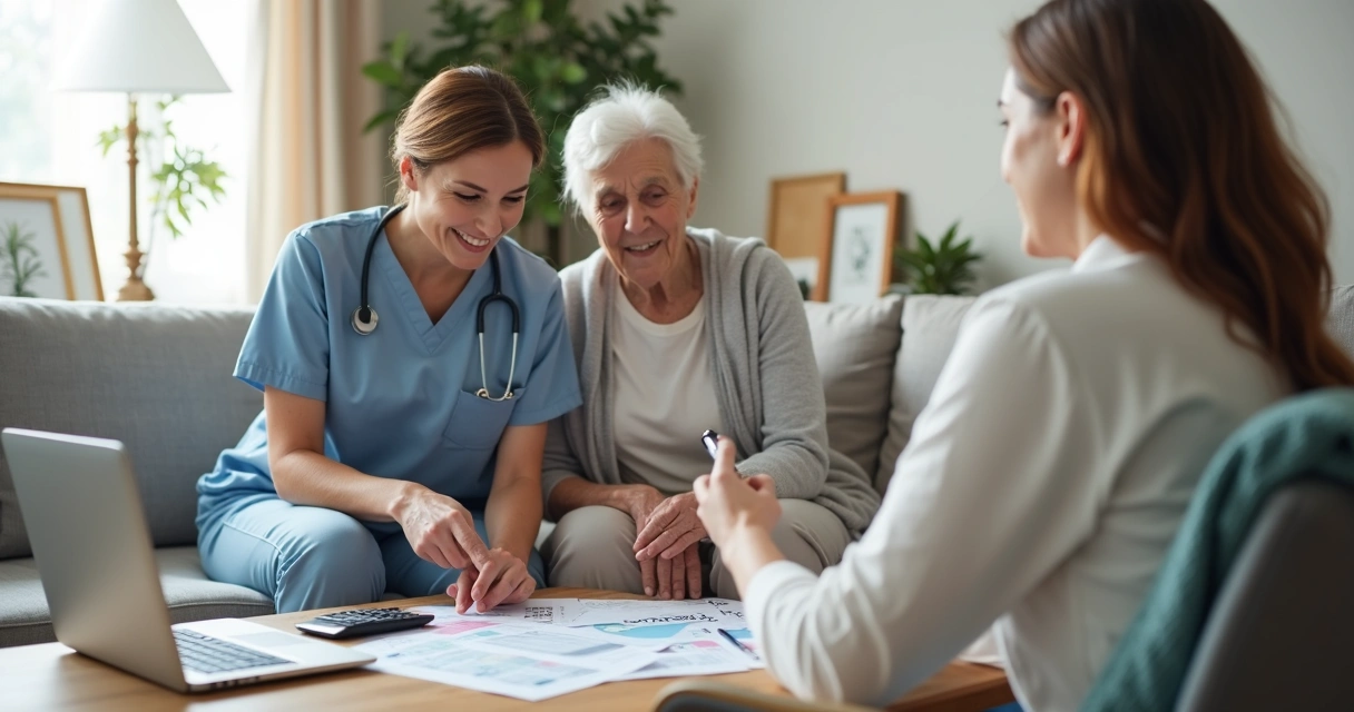 Cuidador e idosa ao lado de familiar analisando planilha de custos em casa