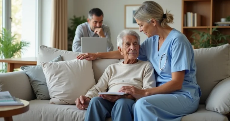 Cuidadora acolhendo idoso com sinais de Alzheimer sentado no sofá