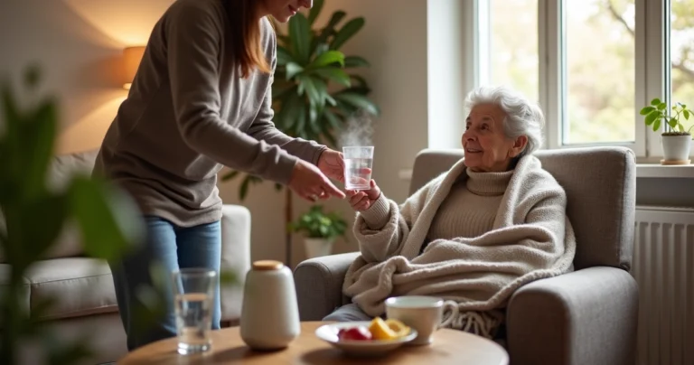 Cuidadora ajudando idoso a se hidratar em sala aquecida no inverno