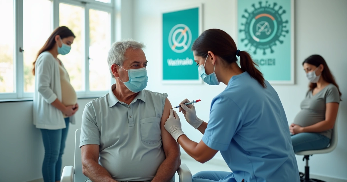 Profissional de saúde aplicando vacina da gripe em idoso em clínica moderna