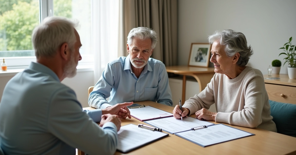 Casal de idosos conversando com profissional sobre direitos em documentos